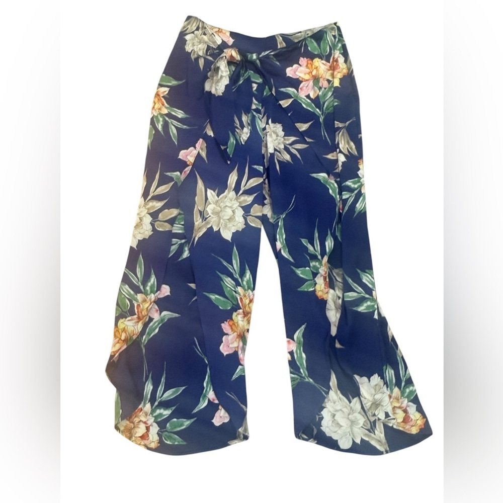 Zara Basic floral palazzo‎ split pants XS breezy wrap tie waist crop Hawaiian
